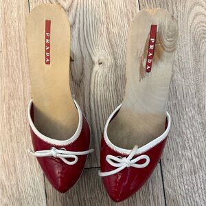 Prada Red Patent Leather Mules with White Trim